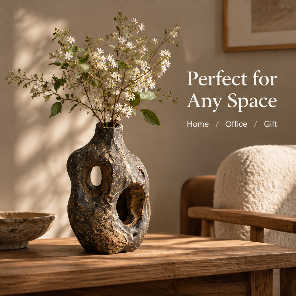Perfect for Any Space — home office gift, dark root vase with white flowers on wooden coffee table in warm living room