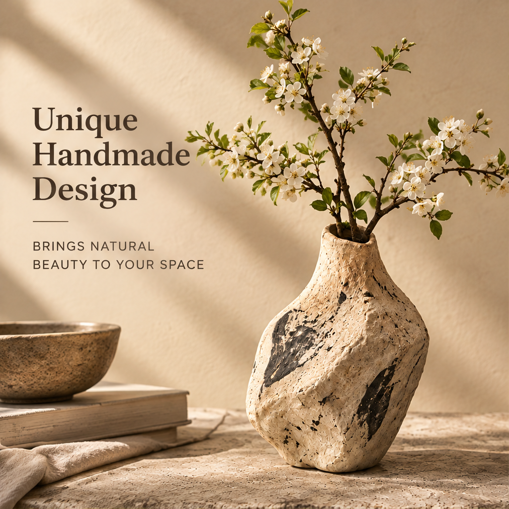 Artistic form clay vase — natural texture and unique silhouette highlighted alongside blooming branches