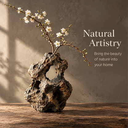 Natural Artistry — bring the beauty of nature into your home, dark honeycomb wood vase with cherry blossom in warm directional light