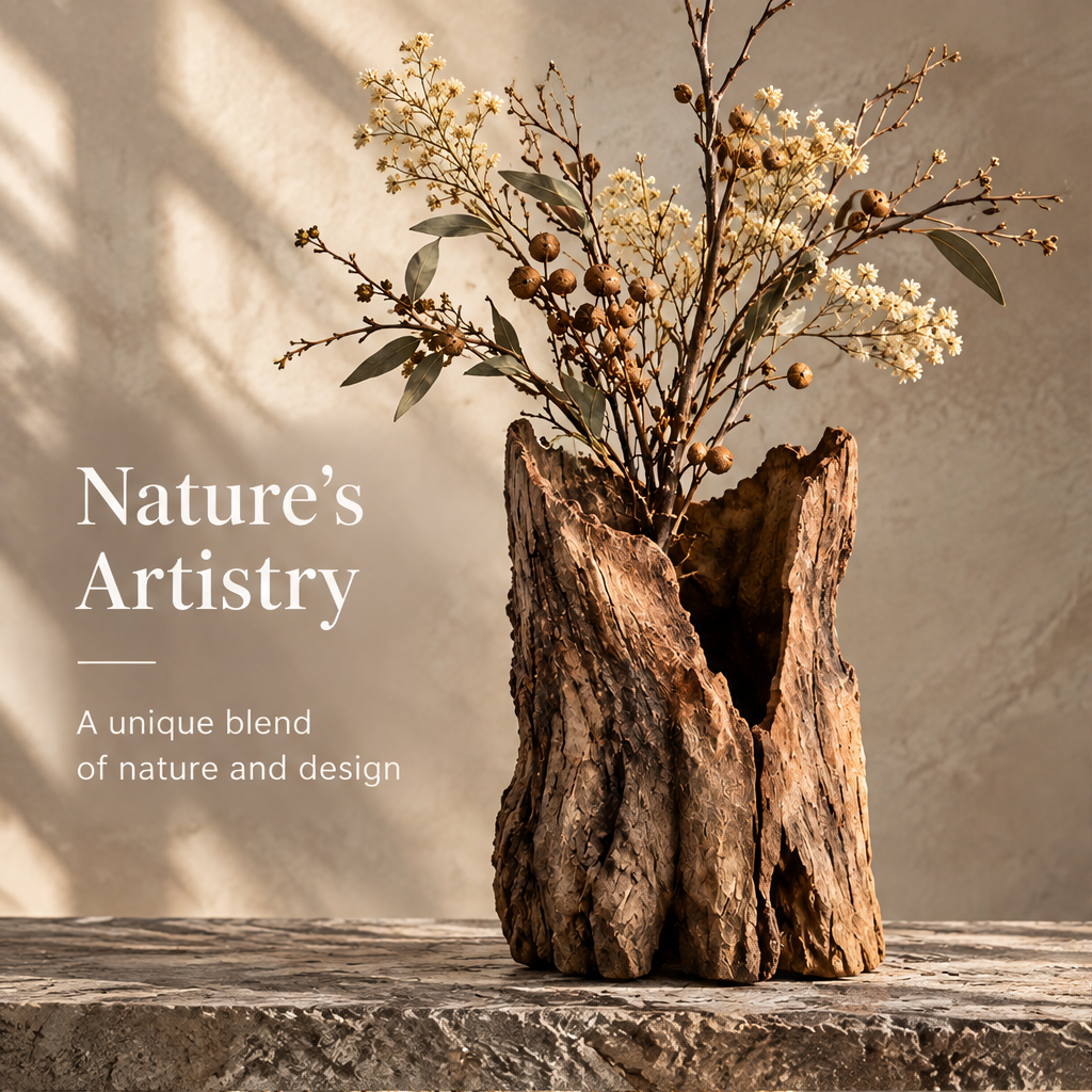 Nature's Artistry — a unique blend of nature and design, driftwood vase with dried botanical arrangement in warm light
