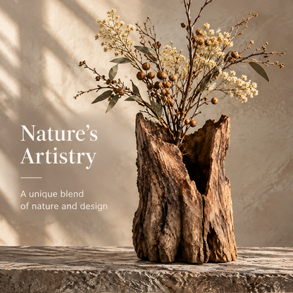 Nature's Artistry — a unique blend of nature and design, driftwood vase with dried botanical arrangement in warm light