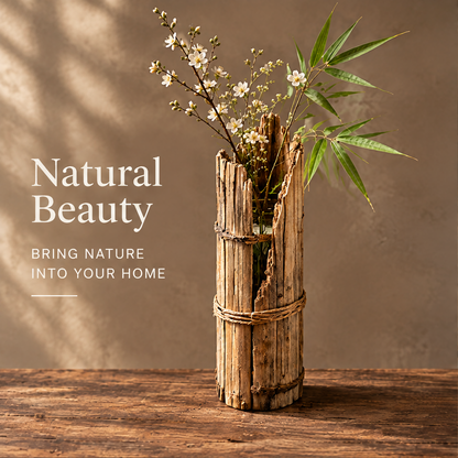 Natural Beauty — bring nature into your home, dried wood stave vase with white blossoms and bamboo in warm directional light