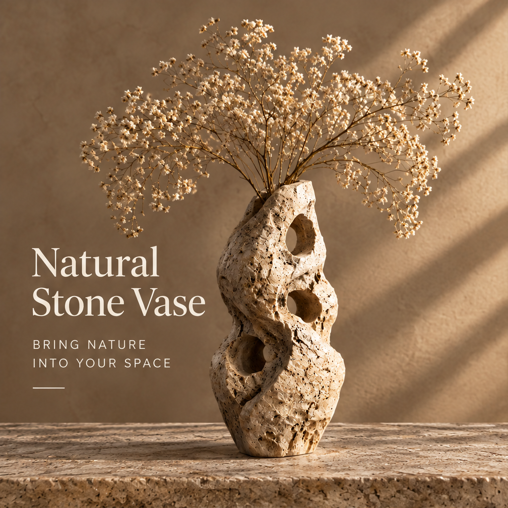 Natural Stone Vase — bring nature into your space, tall travertine vase with baby's breath in warm directional light