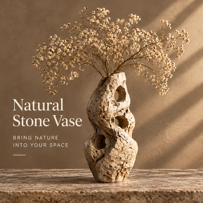 Natural Stone Vase — bring nature into your space, tall travertine vase with baby's breath in warm directional light