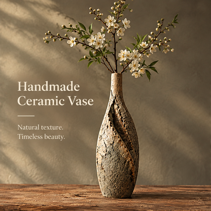 Handmade Ceramic Vase — natural texture, timeless beauty, styled with white blossoms in warm light