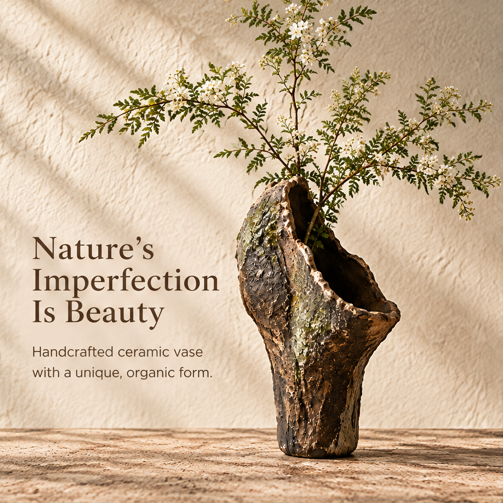 Nature's Imperfection Is Beauty — handcrafted ceramic vase with unique organic form and green-gold glaze