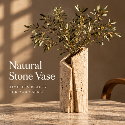 Natural Stone Vase — timeless beauty for your space, dual-column travertine vase with olive branches in warm light