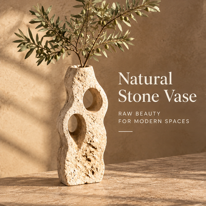 Natural Stone Vase — raw beauty for modern spaces, travertine vase with olive branches in warm light