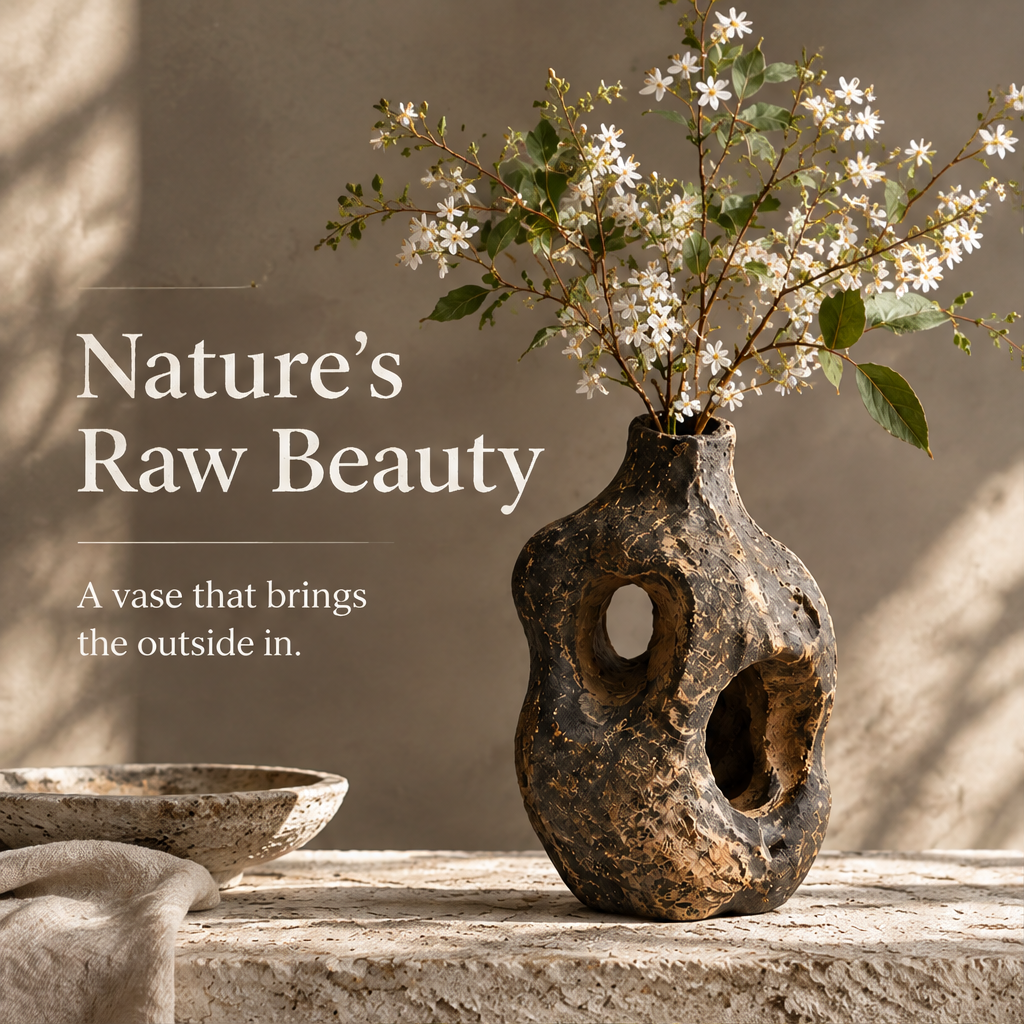 Nature's Raw Beauty — a vase that brings the outside in, dark root vase with white blossoms and stone bowl on textured surface