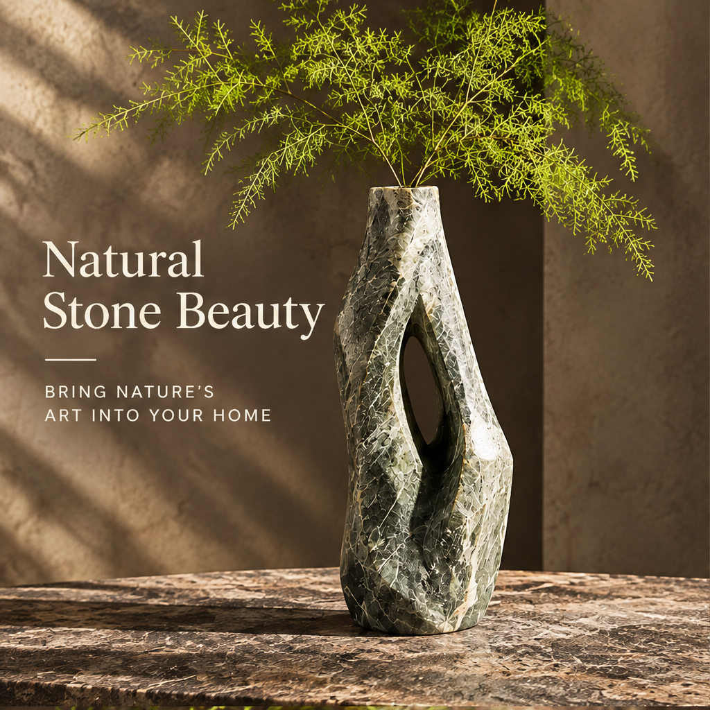 Natural Stone Beauty — bring nature's art into your home, green marble vase with fern in warm directional light