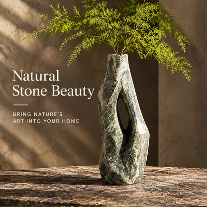 Natural Stone Beauty — bring nature's art into your home, green marble vase with fern in warm directional light