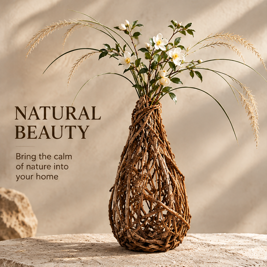 Natural Beauty — bring the calm of nature into your home, woven branch teardrop vase with white anemone and grass in warm light