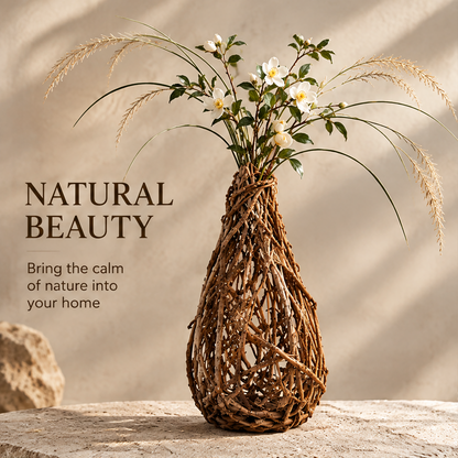 Natural Beauty — bring the calm of nature into your home, woven branch teardrop vase with white anemone and grass in warm light