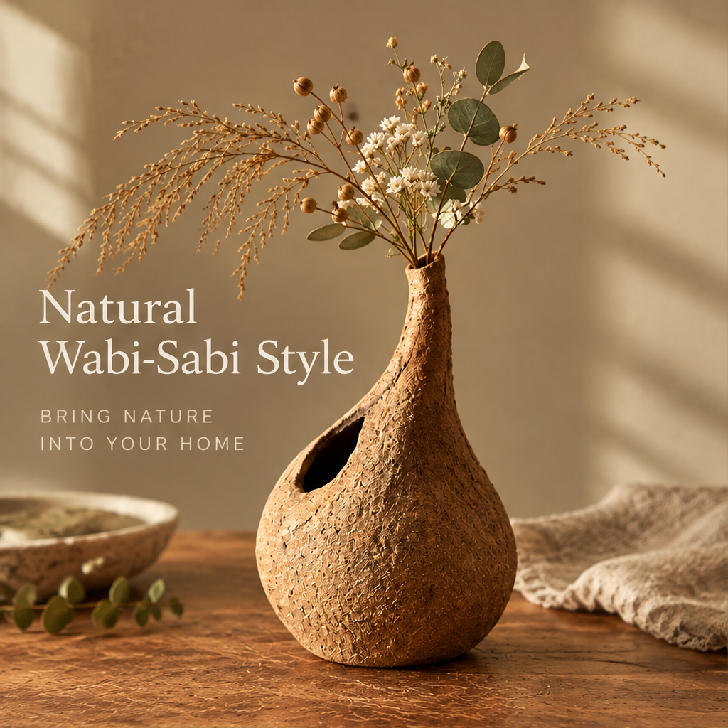 Natural Wabi-Sabi Style clay vase — bring nature into your home, styled with dried botanicals in warm light
