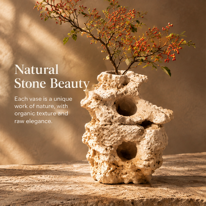 Natural Stone Beauty — each vase is a unique work of nature with organic texture and raw elegance, red berries arrangement