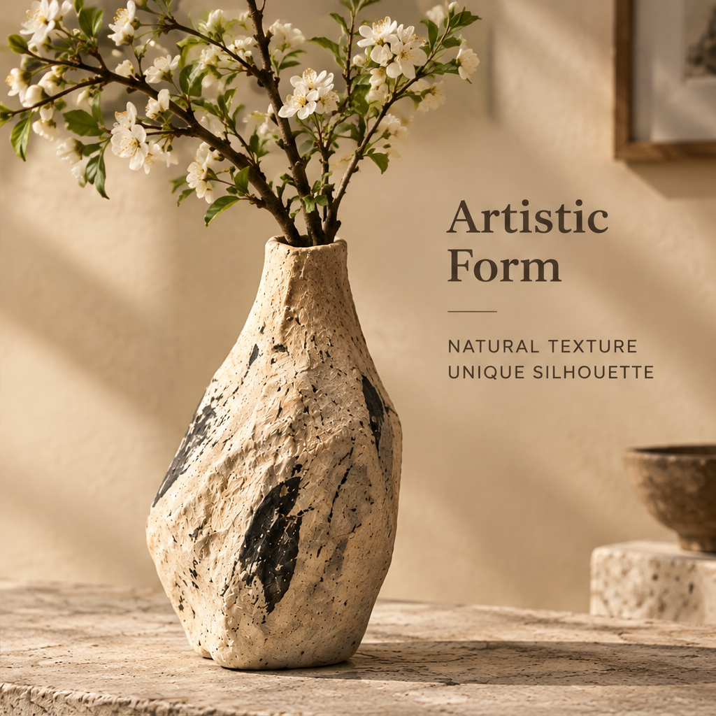 Handmade stone-texture clay vase displayed with white cherry blossom branches on a natural stone surface — clean product shot