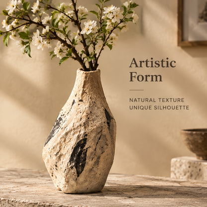 Handmade stone-texture clay vase displayed with white cherry blossom branches on a natural stone surface — clean product shot