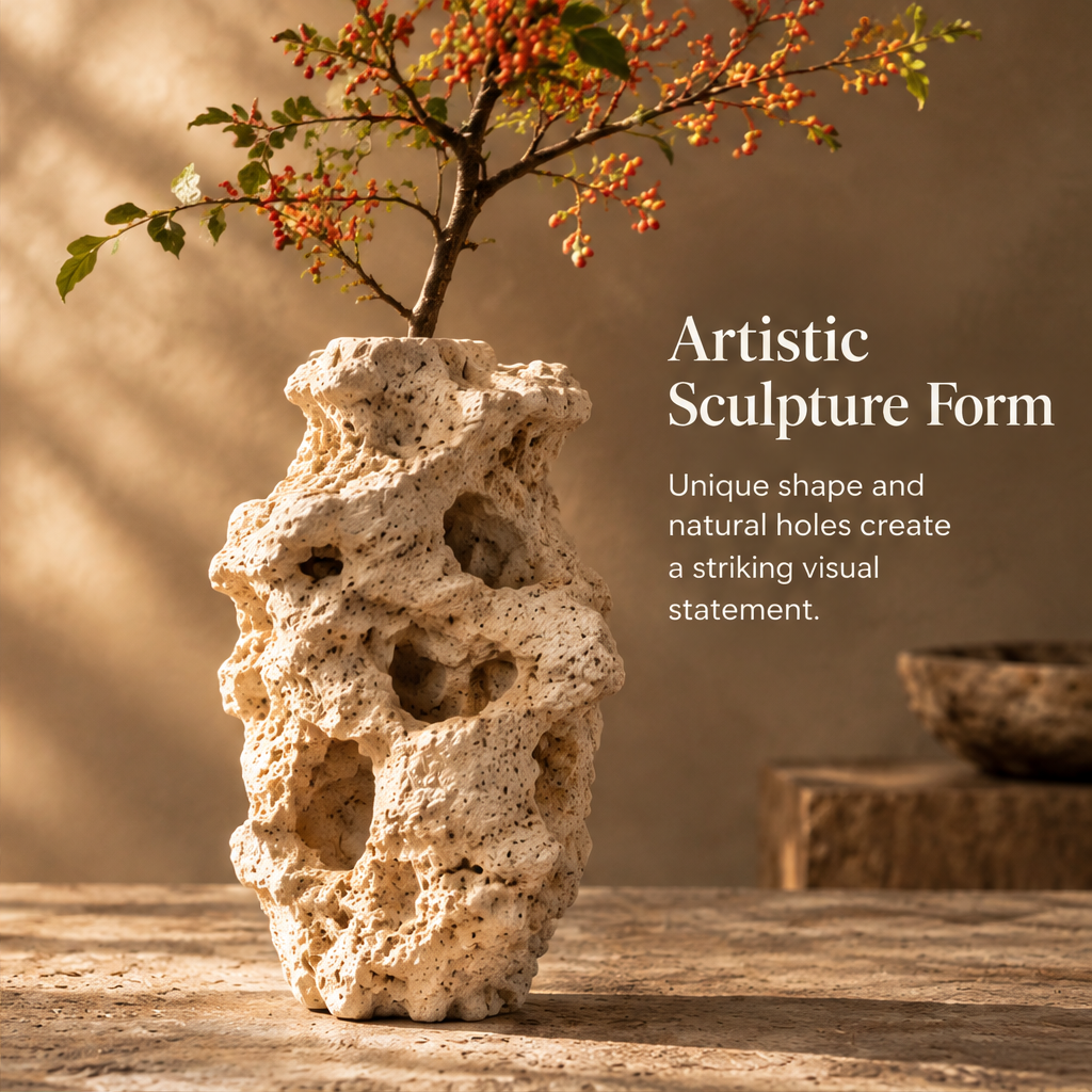 Artistic Sculpture Form — unique shape and natural holes create a striking visual statement, side view with stone accessories
