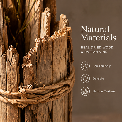 Natural Materials close-up — real dried wood and rattan vine, eco-friendly durable unique texture, stave and binding detail