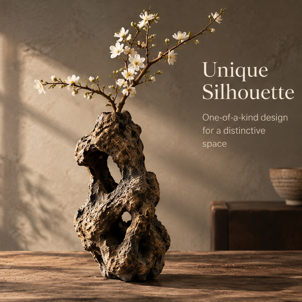Unique Silhouette — one-of-a-kind design for a distinctive space, honeycomb wood vase tall view showing irregular boulder profile