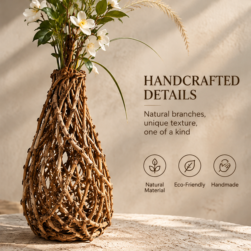 Handcrafted Details — natural branches unique texture one of a kind, natural material eco-friendly handmade, branch vase with flowers