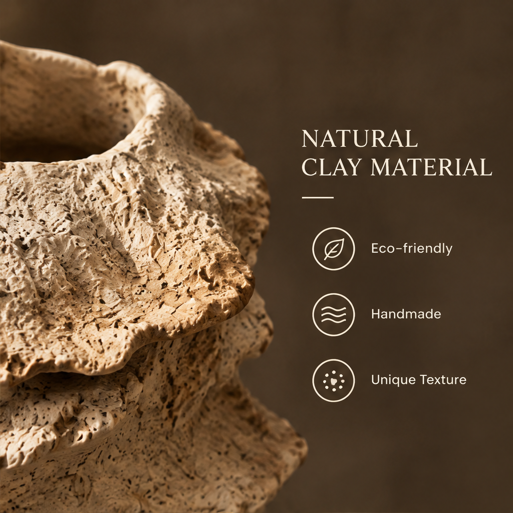 Close-up of natural clay material vase surface — eco-friendly, handmade, unique texture detail