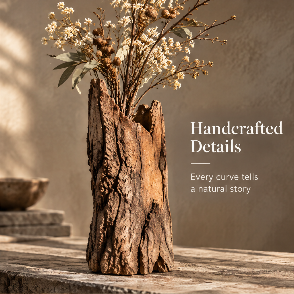 Handcrafted Details — every curve tells a natural story, driftwood vase side view showing bark texture and stone accessories