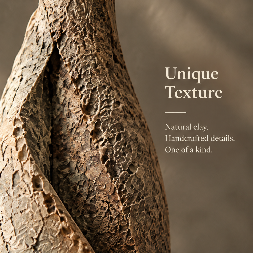 Close-up of unique texture on ceramic vase — natural clay, handcrafted details, one of a kind surface