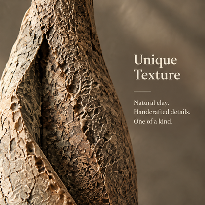 Close-up of unique texture on ceramic vase — natural clay, handcrafted details, one of a kind surface