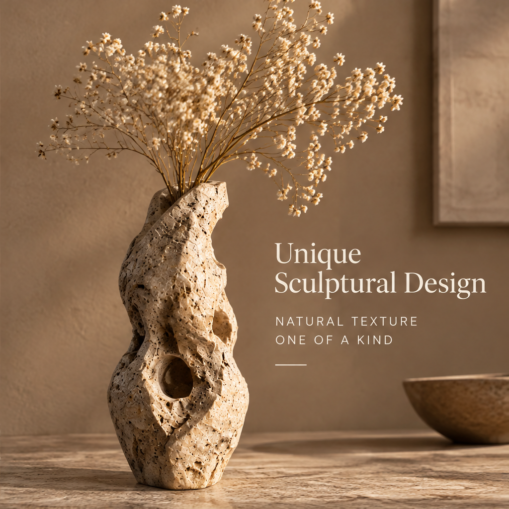 Unique Sculptural Design — natural texture one of a kind, tall travertine vase side view with stone bowl accessory