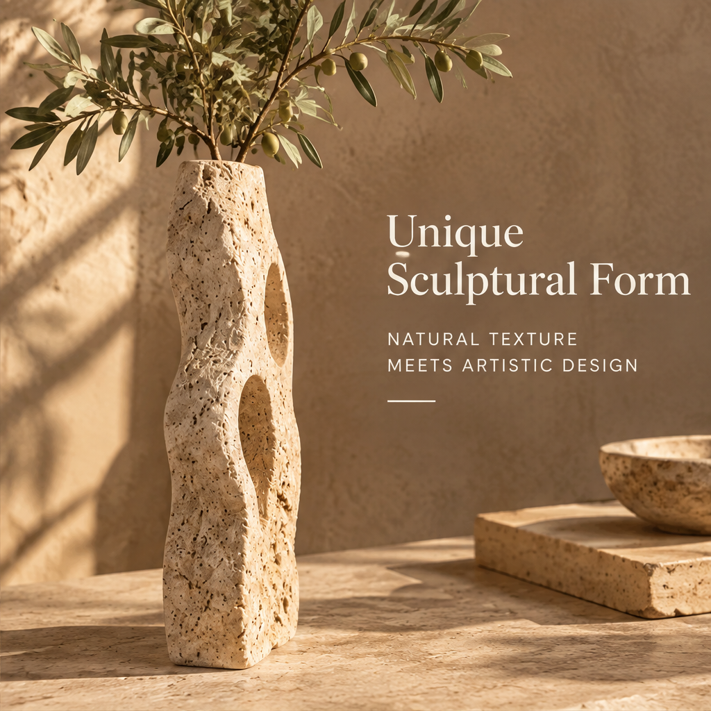 Unique Sculptural Form — natural texture meets artistic design, travertine vase side view with stone accessories