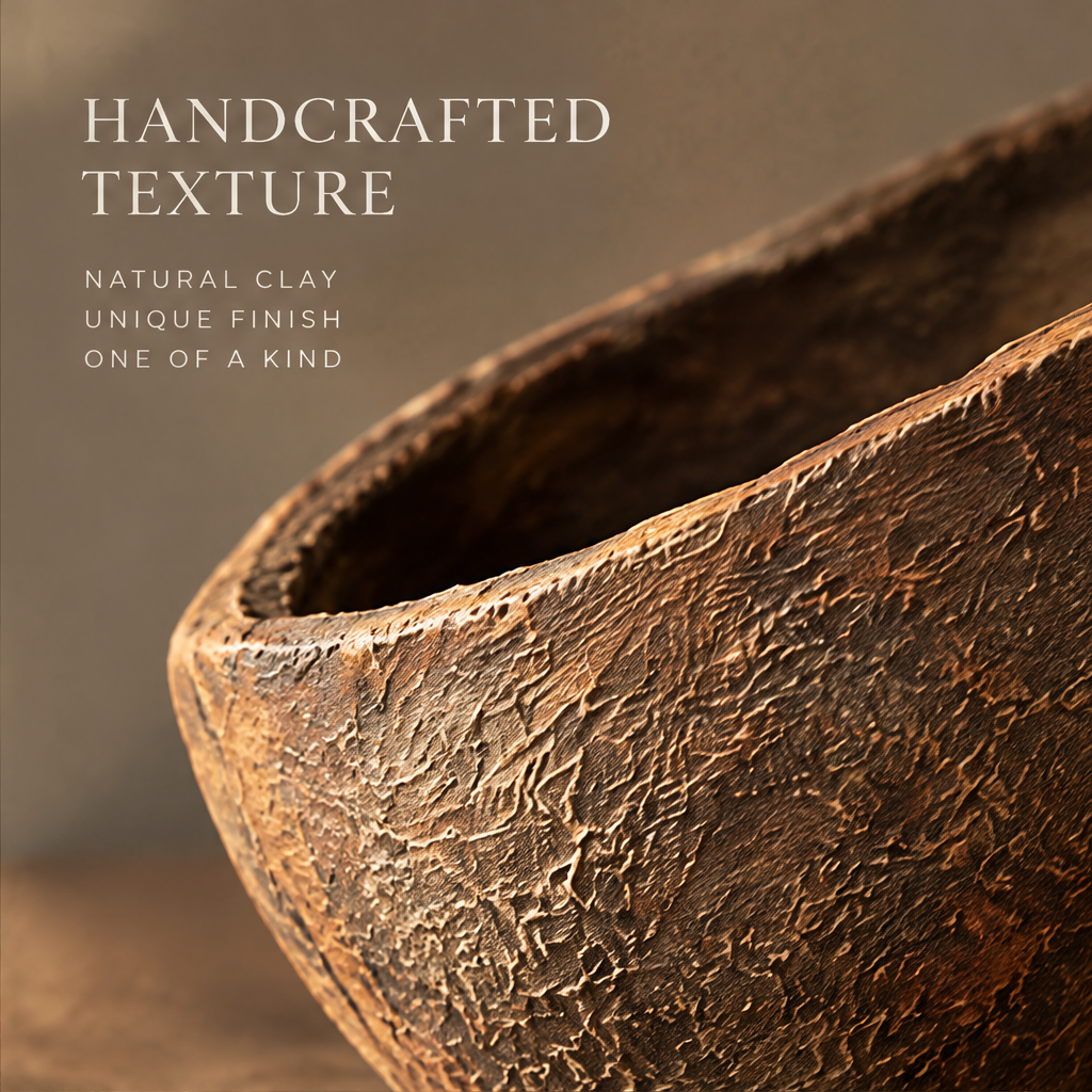 Close-up of handcrafted clay texture — natural clay, unique finish, one of a kind surface detail