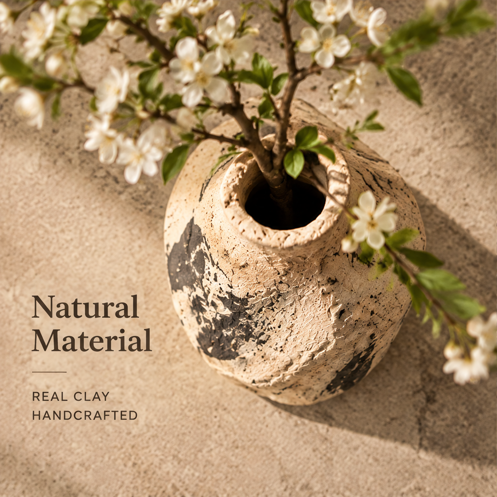 Top-down view of handcrafted clay vase showing real clay surface and handcrafted detail — Natural Material