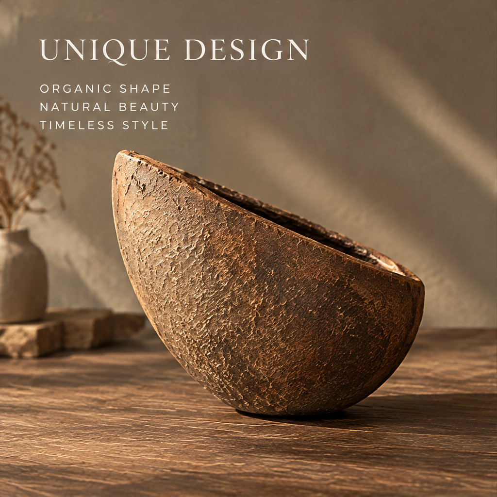 Unique design clay bowl vase — organic shape, natural beauty, timeless style shown on wooden surface