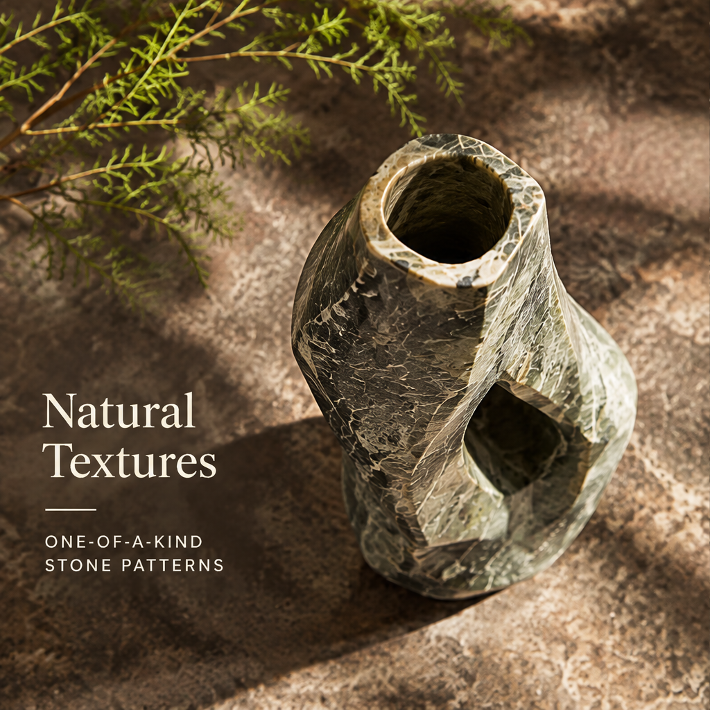 Natural Textures — one-of-a-kind stone patterns, top-down view showing oval void and green marble veining detail