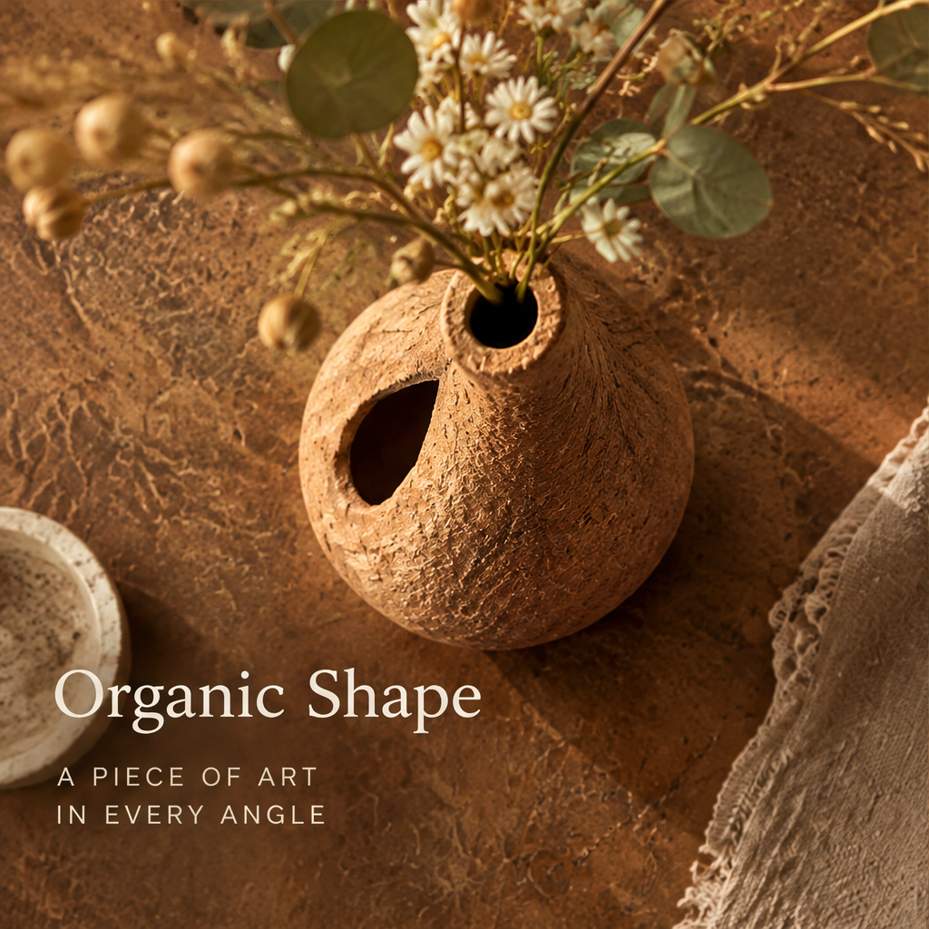 Organic shape clay vase — a piece of art in every angle, shown from above on earthy surface