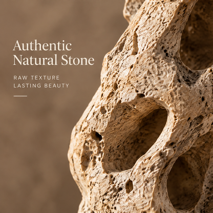 Authentic Natural Stone close-up — raw texture lasting beauty, detailed view of travertine oval voids and porous surface