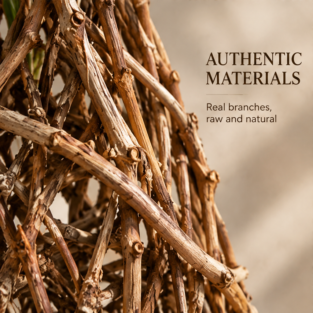 Authentic Materials close-up — real branches raw and natural, detailed view of interwoven branch lattice texture and joints
