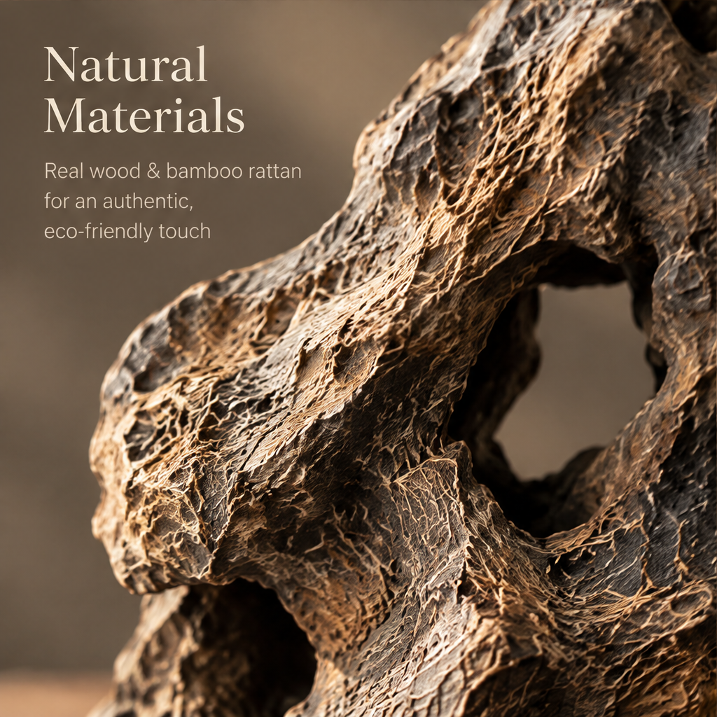 Natural Materials close-up — real wood and bamboo rattan for an authentic eco-friendly touch, dense rattan fibre void detail