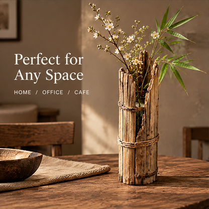 Perfect for Any Space — home office cafe, dried wood stave vase on rustic wooden dining table with stone bowl and linen