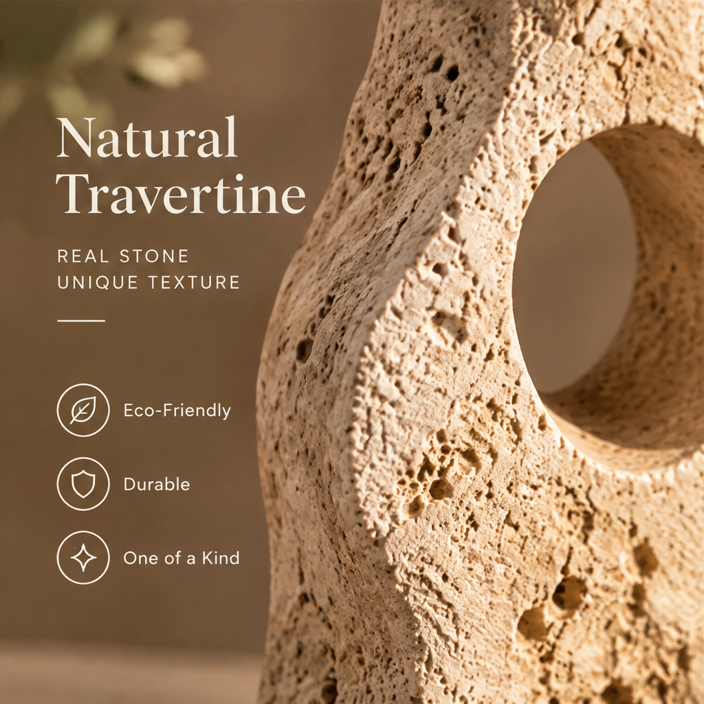 Natural Travertine close-up — real stone, unique texture, eco-friendly, durable, one of a kind surface detail