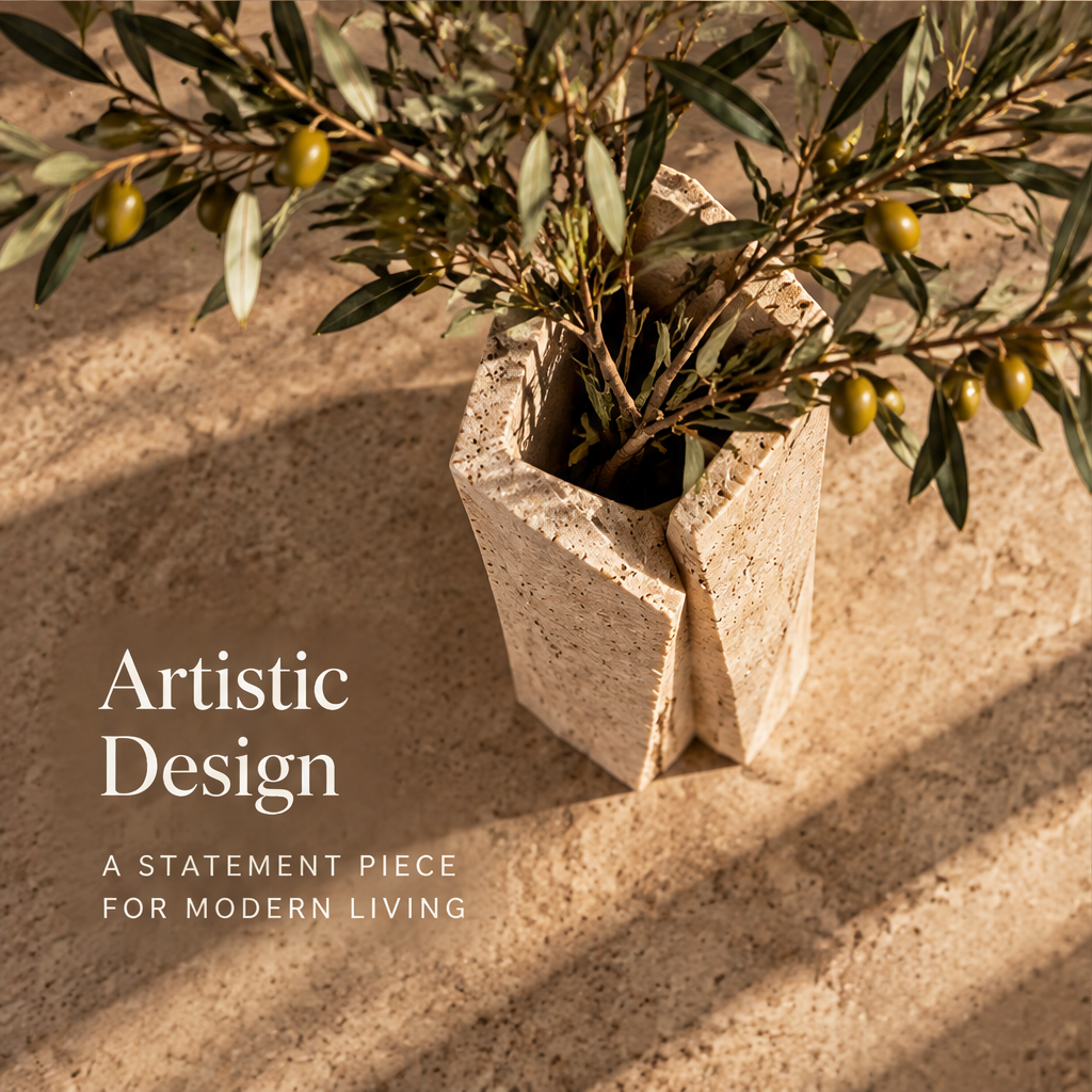 Artistic Design — a statement piece for modern living, top-down angle of dual-column travertine vase with olive branches