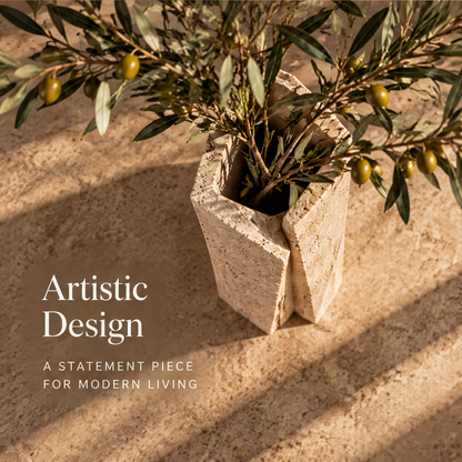 Artistic Design — a statement piece for modern living, top-down angle of dual-column travertine vase with olive branches