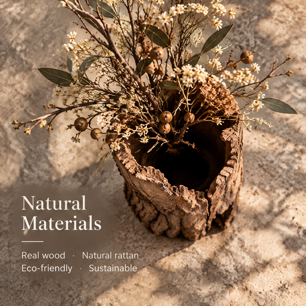 Natural Materials — real wood natural rattan eco-friendly sustainable, top-down view of hollow driftwood interior with dried stems