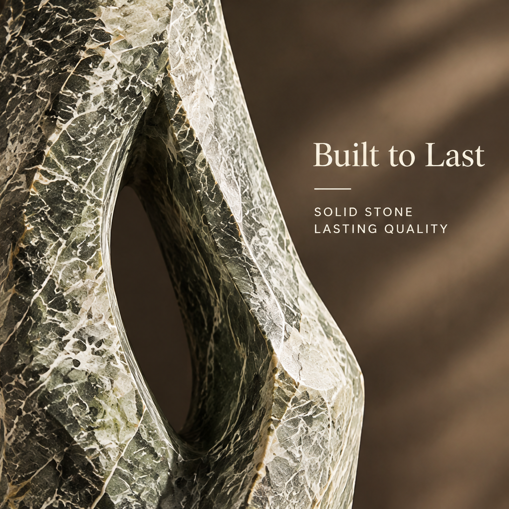 Built to Last — solid stone, lasting quality, close-up of green marble veining and oval cutout detail