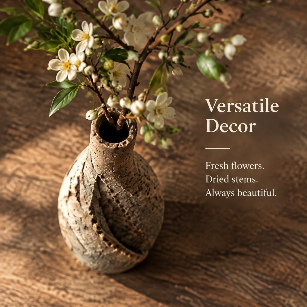 Versatile Decor — ceramic vase holding fresh cherry blossoms, fresh flowers, dried stems, always beautiful