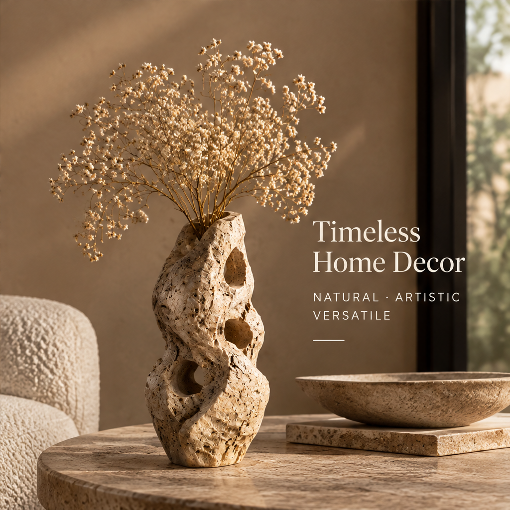 Timeless Home Decor — natural artistic versatile, tall travertine vase on marble coffee table in modern living room