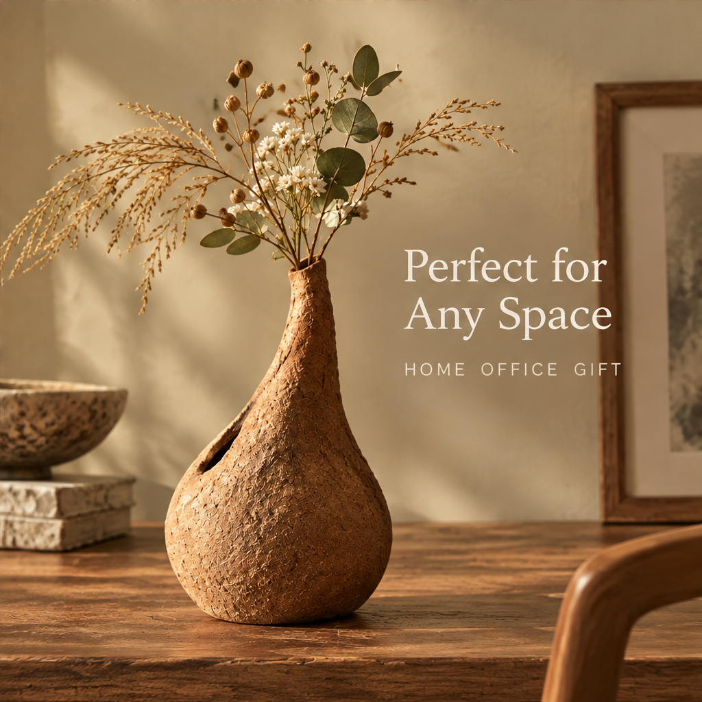 Perfect for any space — wabi-sabi clay vase styled in home setting, suitable for home, office, and gift