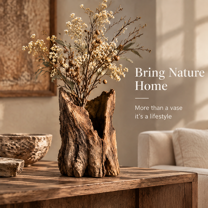 Bring Nature Home — more than a vase it's a lifestyle, driftwood vase on wooden coffee table in natural living room setting