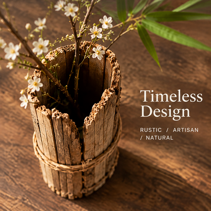 Timeless Design — rustic artisan natural, top-down view of dried wood stave vase showing irregular raw wood ends and rattan binding
